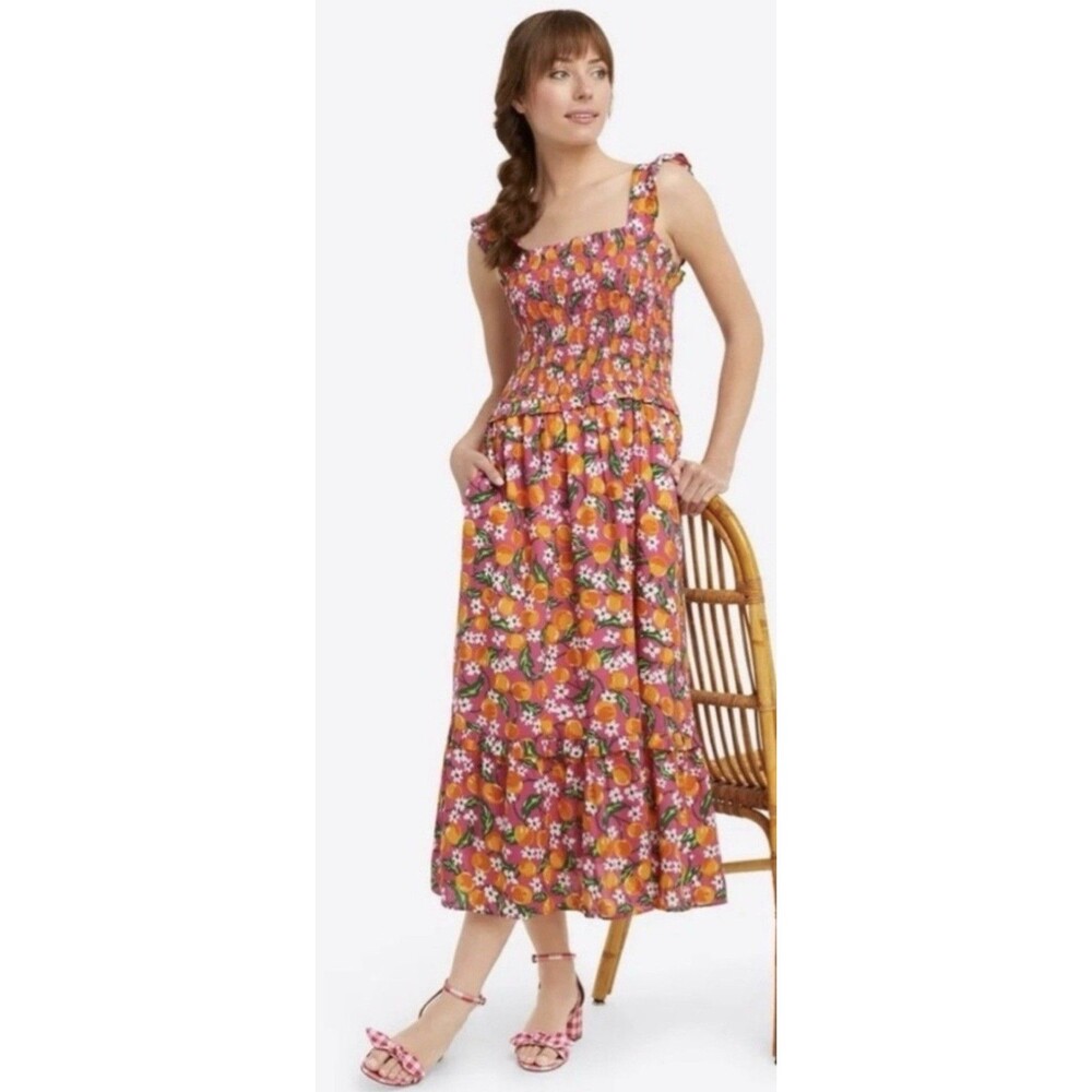 Draper James Smocked Flutter Sleeve Midi Tiered Dress Sz XL Southern Preppy